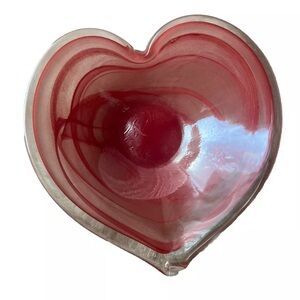 Vintage Glass Bowl Lavorazione Art Glass Murano Style Pink Swirl Heart Shaped